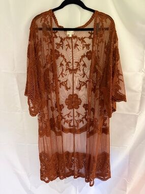 Dizzy Gal Rust Brown Embroidered Mesh Lace Kimono Duster Cardigan Size L